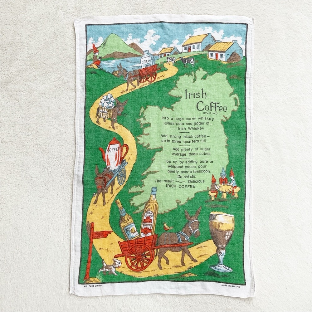 Vintage Irish Coffee Recipe Linen Tea Towel Made in Ireland Pure Linen